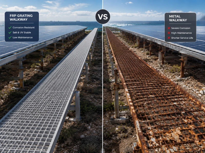 Why FRP Grating is the Best Material for PV O&M Walkways (FRP Solar Grating vs Metal)