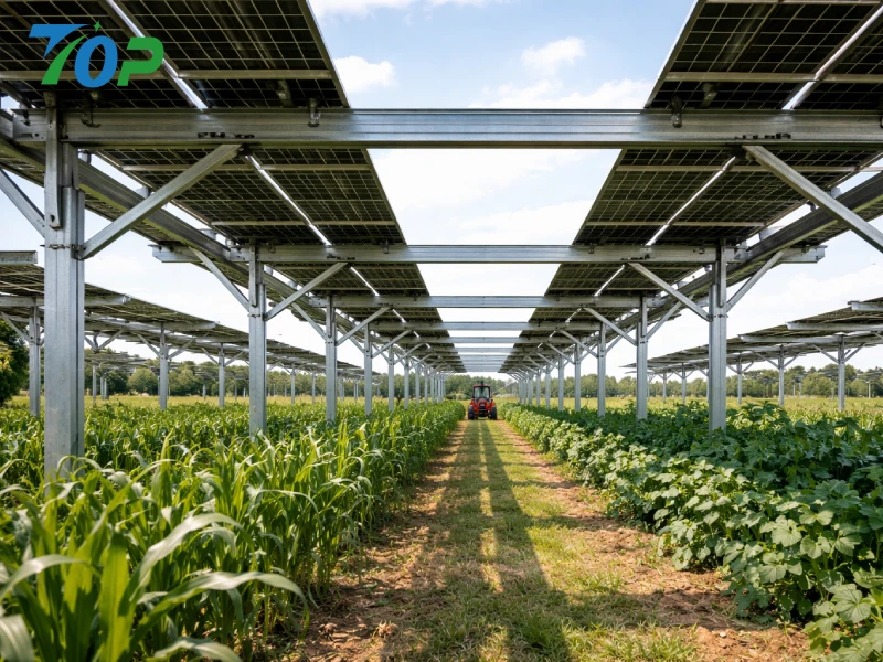 Elevated solar mounting system design for agrivoltaics with wide spacing