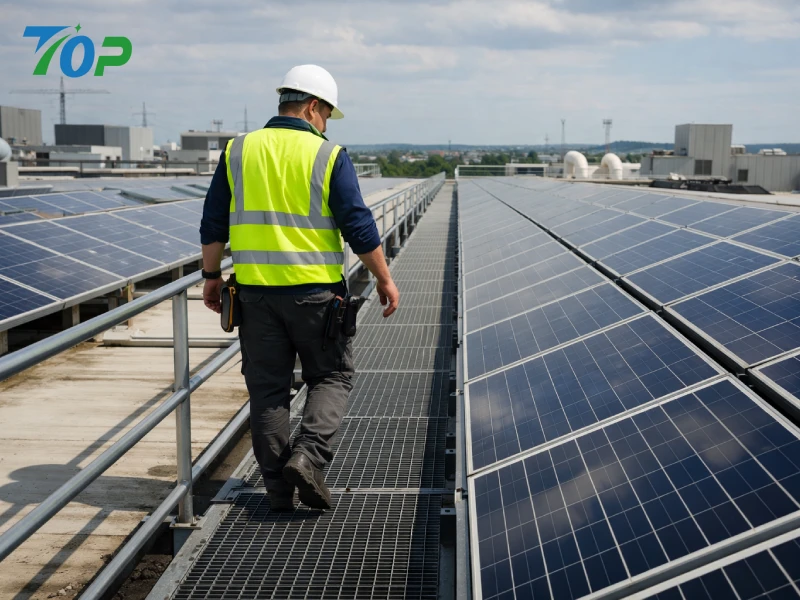Technician using solar walkway for safe rooftop PV system maintenance