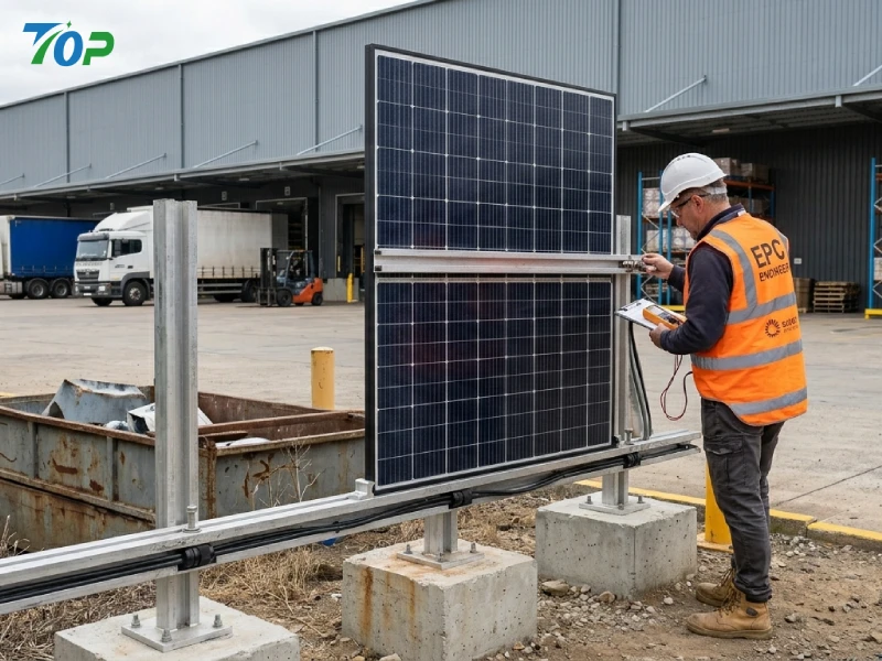 Engineer inspecting solar privacy fence system showing real installation scale