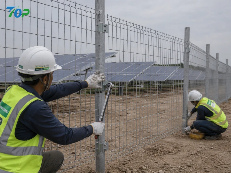 EPC workers assembling modular solar fencing panels using bolt-connected galvanized steel structures at a utility-scale PV site EPC workers assembling modular solar fencing panels using bolt-connected galvanized steel structures at a utility-scale PV site