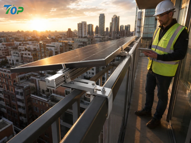 Lightweight balcony solar panel mounted with non-penetrating SUS304 clamp system on high-rise residential railing