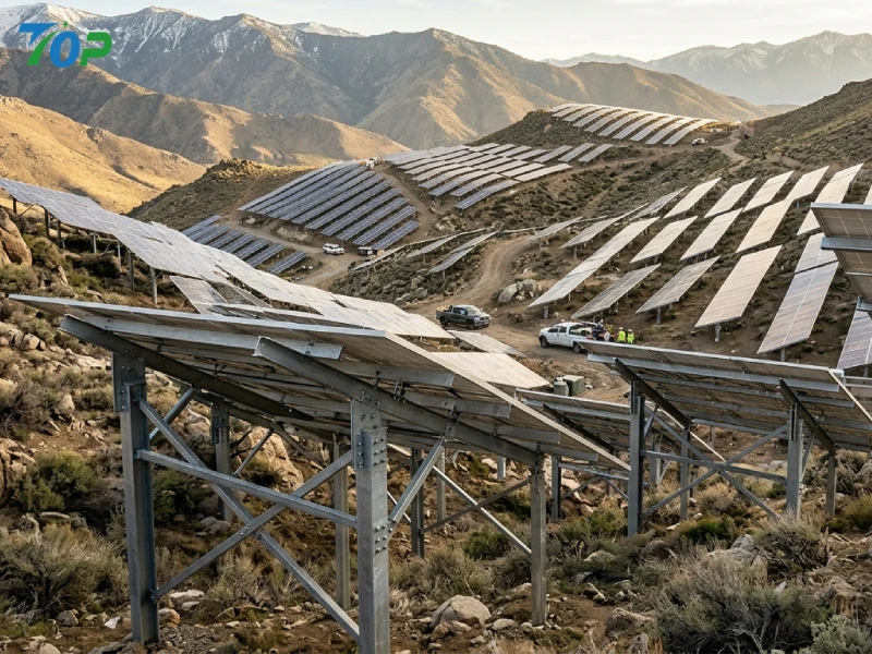 Terrain-following solar mounting structure installed on uneven mountainous ground using variable pile heights