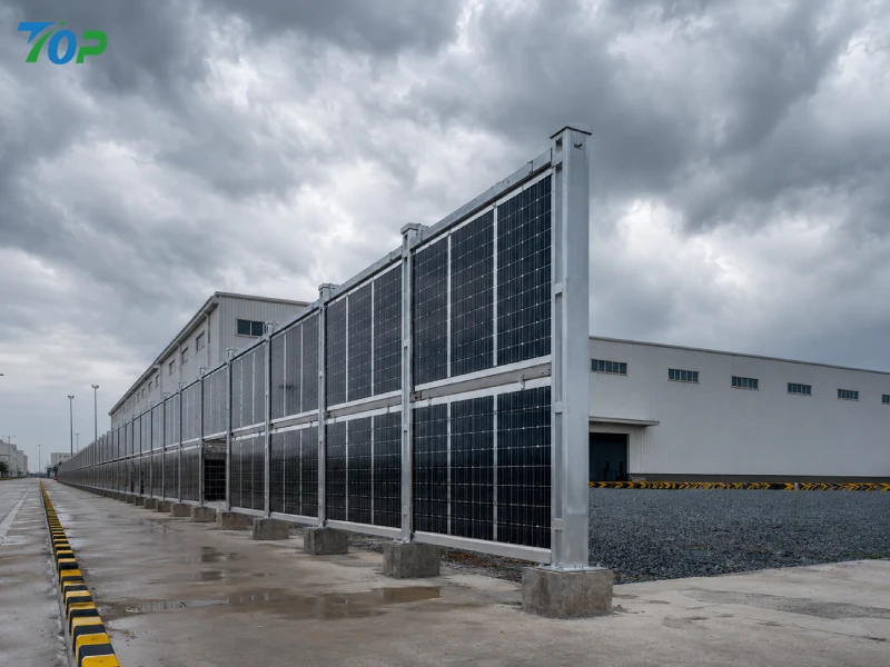 Bifacial integrated solar fencing installed along a coastal industrial facility using galvanized steel posts and reinforced concrete foundations for typhoon resistance
