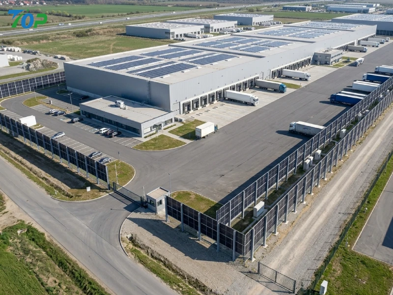 Large logistics warehouse perimeter utilizing bifacial solar fence systems for security and renewable energy generation