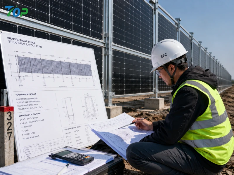 Structural engineer performing wind load and foundation design analysis for a commercial integrated solar fencing project