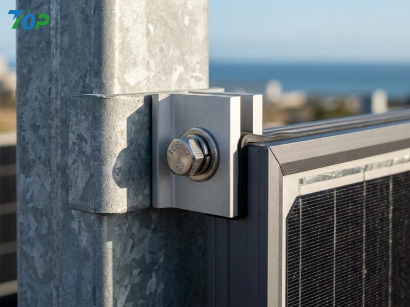 SUS304 stainless steel fastening system connecting bifacial solar modules to galvanized fence structures in a coastal environment