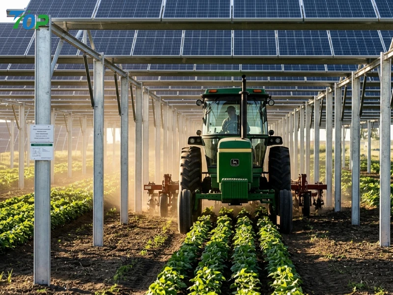 Agricultural tractor operating beneath an elevated agrivoltaic solar mounting system with high-clearance galvanized steel structures and active crop cultivation.