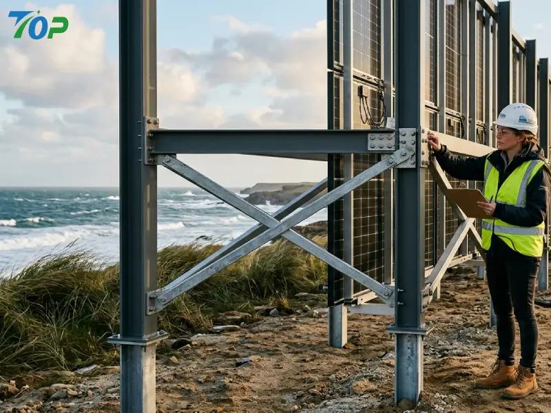 Coastal vertical solar structure with wind bracing and pile foundations inspected by an EPC engineer