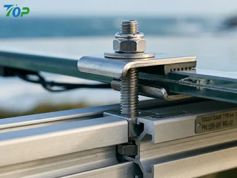 Close-up of aluminum rail and stainless steel clamp connection in a solar mounting system. Close-up of aluminum rail and stainless steel clamp connection in a solar mounting system.